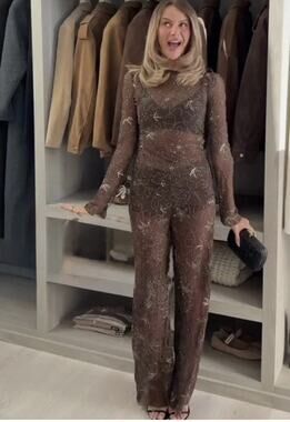 Zara Brown & Gold Sheer Mesh Embroidered Sequin Beaded Set Top & Pants Small